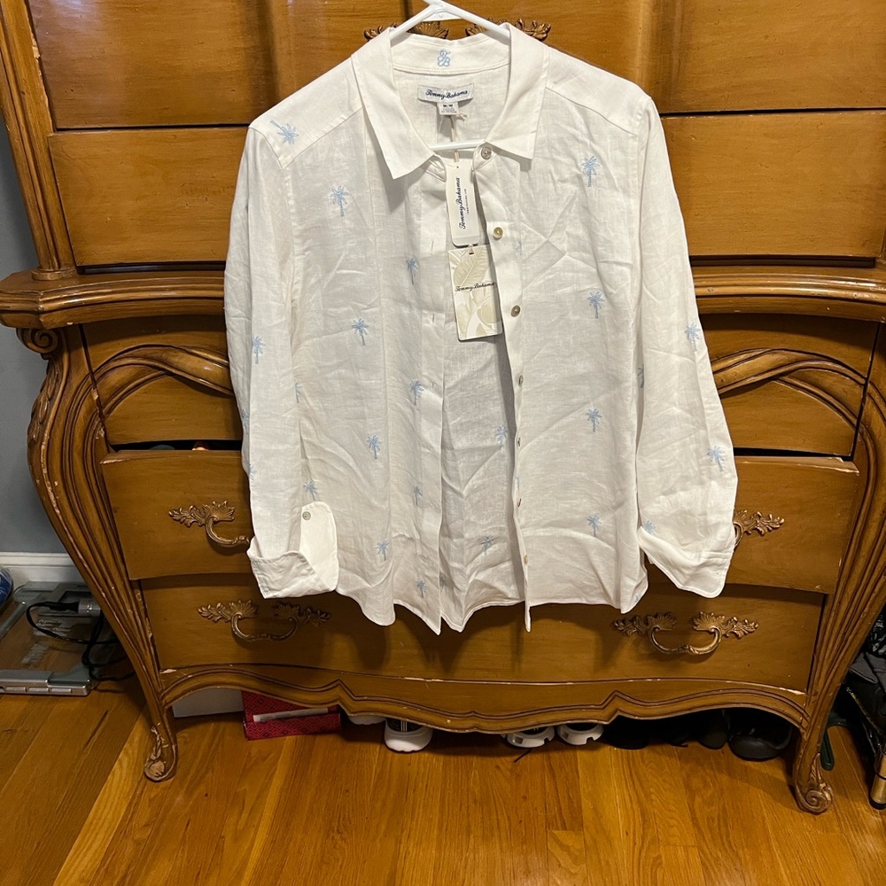 Tommy Bahama palm White Shirt with Blue Embroidery